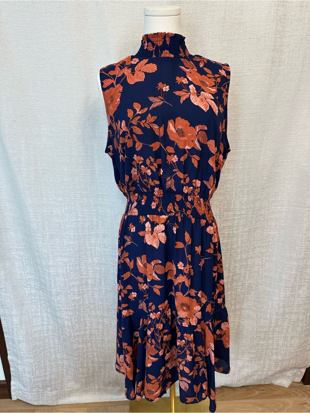 Nanette Lepore Navy & Terracotta Floral Mock Neck Smocked Midi Dress